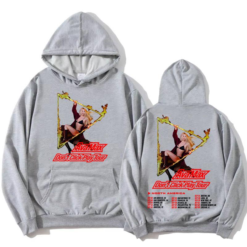 Ava Max Don’t Click Play Tour Hoodie Double Sided Concert Tour Dates Graphic Print Hooded Sweatshirt Pop Music Casual Streetwear Unisex Tops