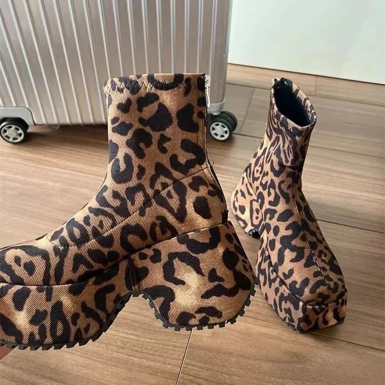 2024 Winter Height Increase 9cm Leopard Pattern Back Zipper Square Head Thick Bottom Shoes Women Retro Versatile Botas Mujer