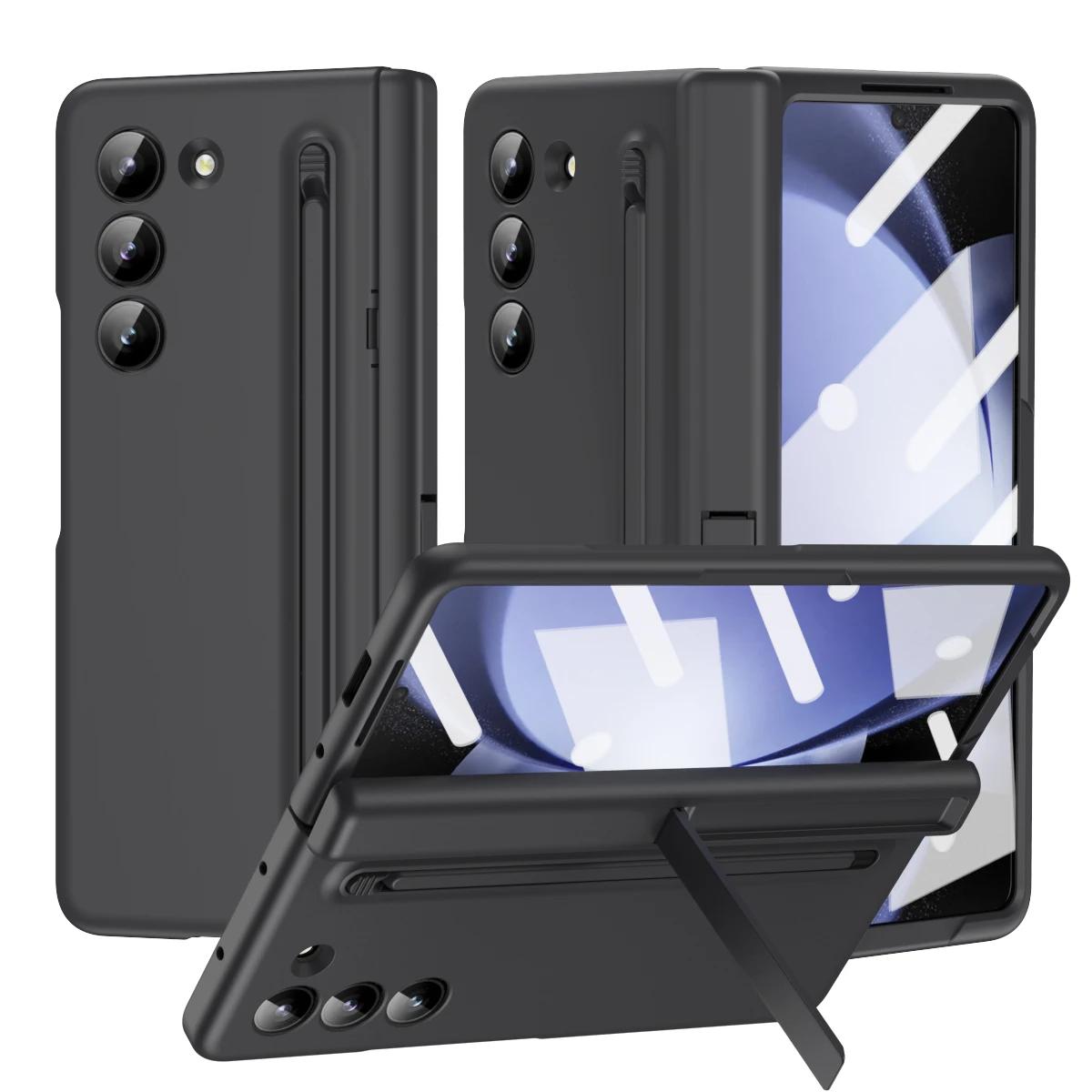 

Чехол Skin Feel Matte для Samsung Galaxy Z Fold 6 5 4 3 с закаленной пленкой, слотом для ручки, конденсатором, складной шарнирной крышкой-кронштейном for Galaxy Z Fold 6&case with touch pen чёрный