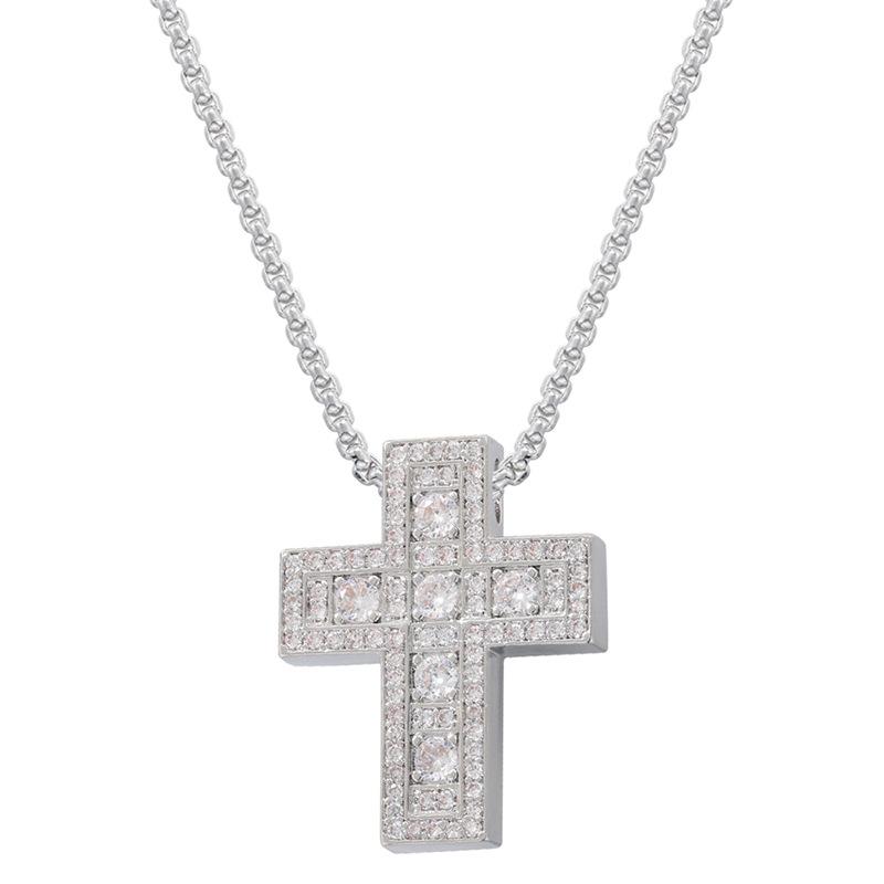 Light Luxury Copper With Colored Diamonds Cross Necklace Personalized Hip Hop Cross Pendant Collarbone Chain Vl390