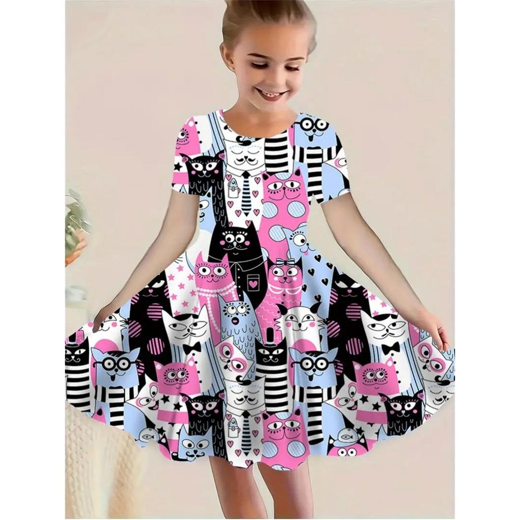 Summer new fashionable and comfortable cute animal 3D pattern children's girls short-sleeved dresses