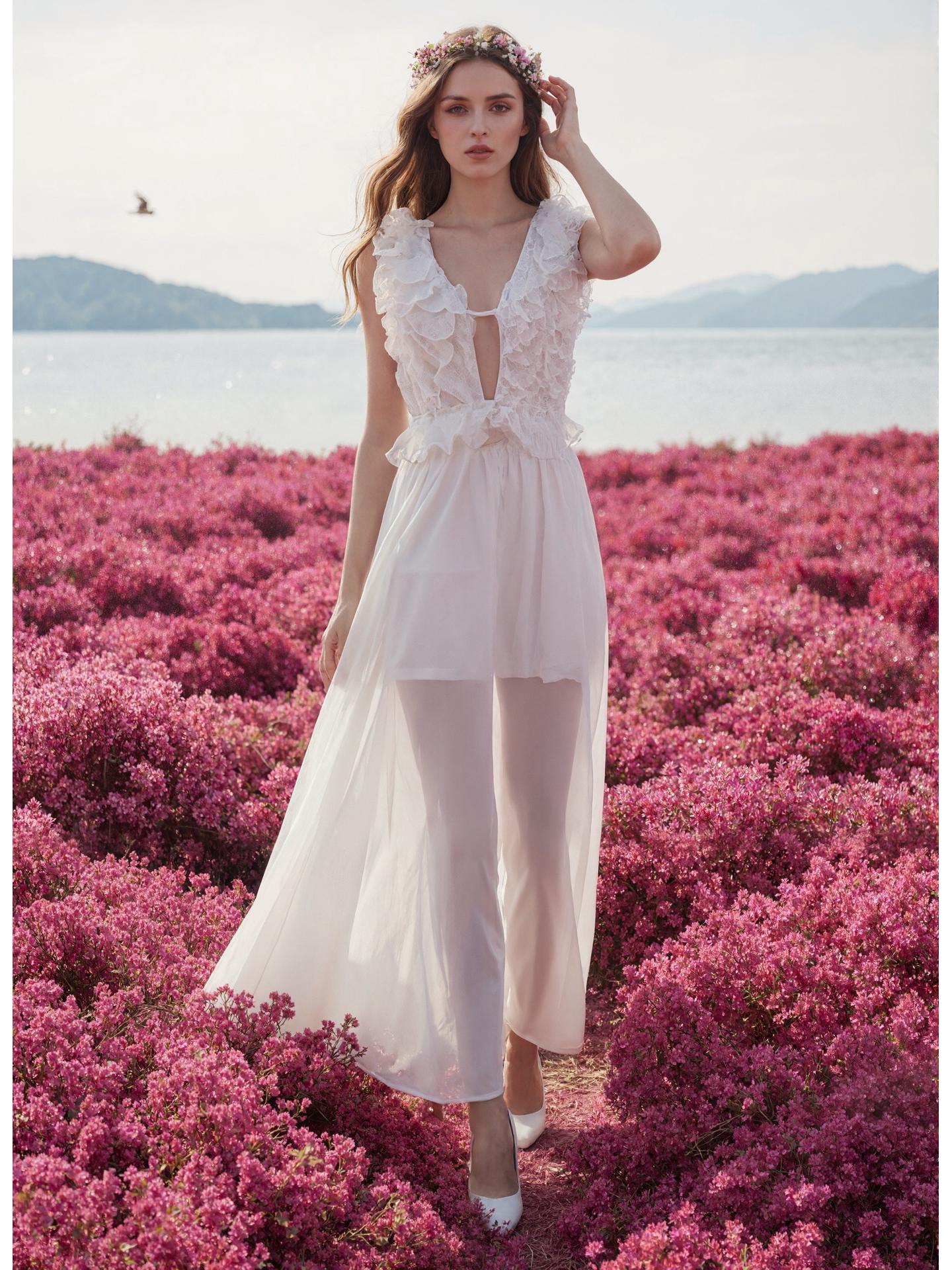 Women s White Deep V Ruffled Backless Lace-up Slim Long Holiday Dress Large белый