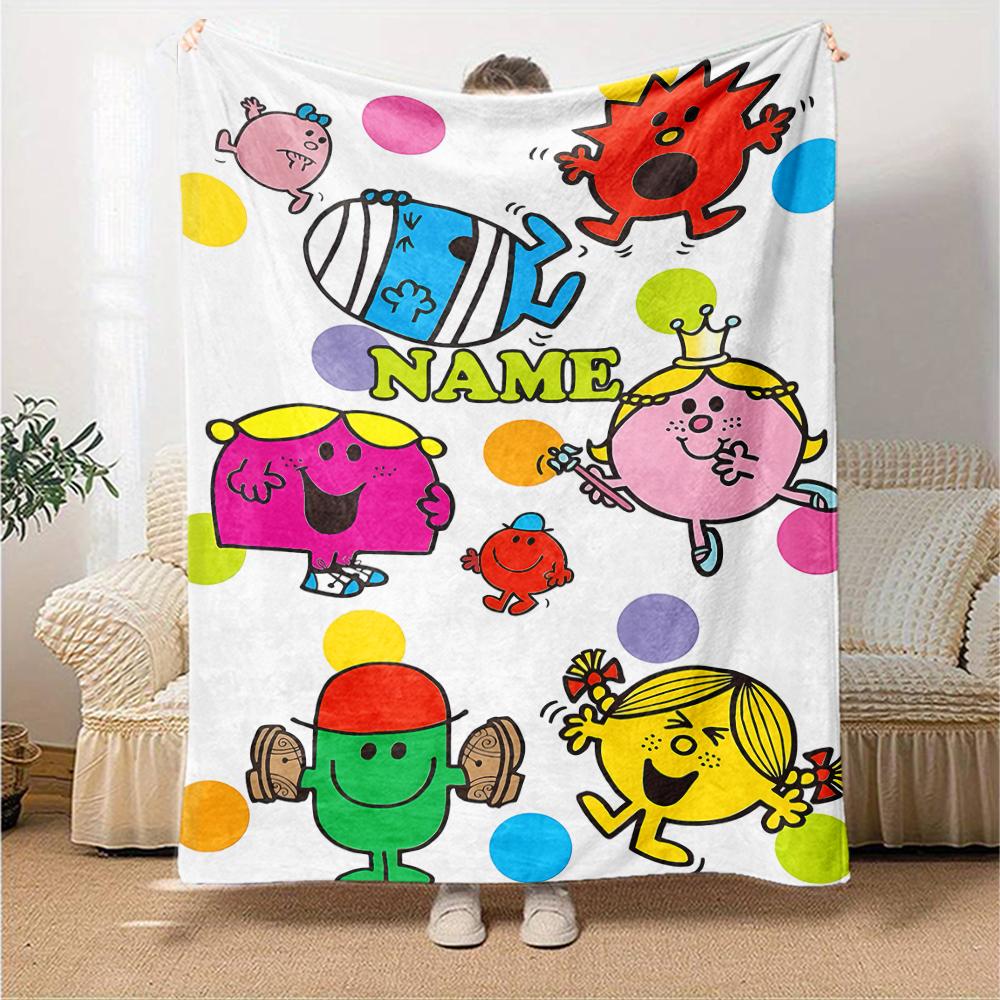 Custom Name Mr. Men and Little Miss Theme Printed Blanket - Perfect for Couch, Bed, Travel & Outdoor Use | Machine Washable, Cozy & Durable.