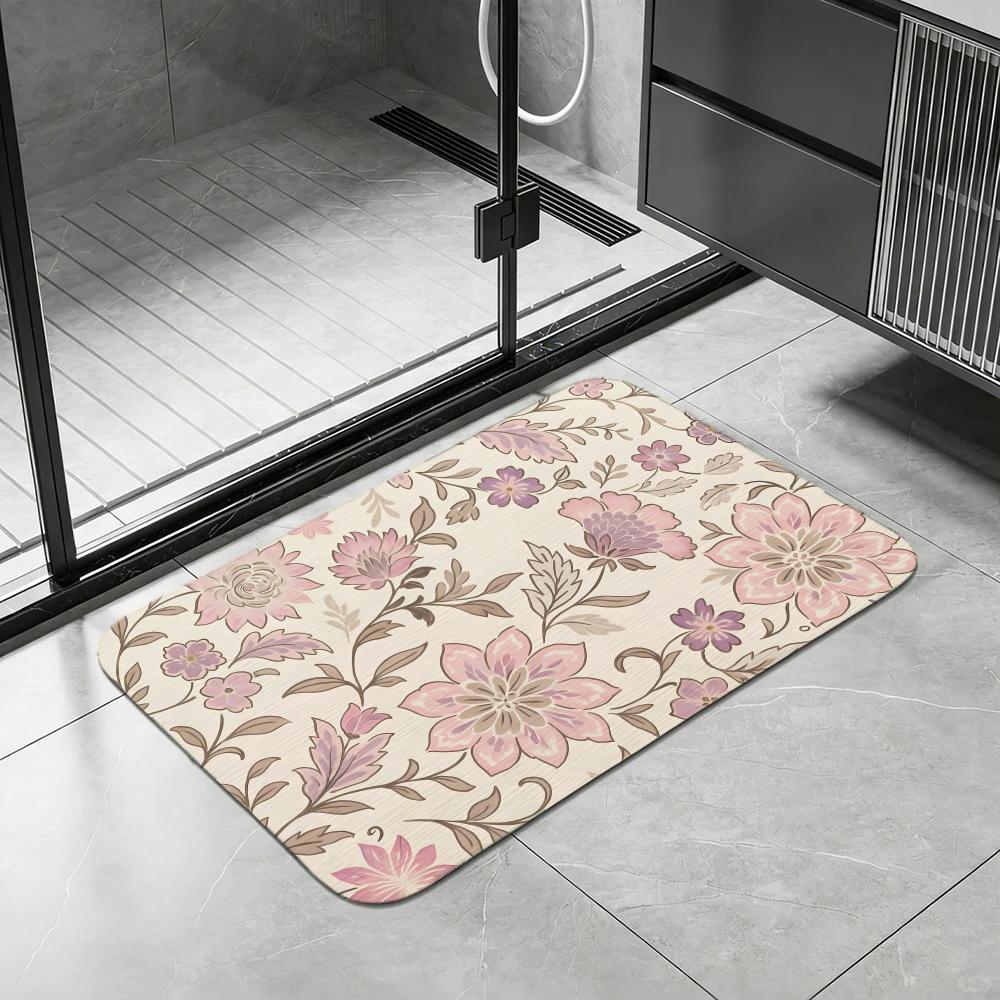 Pattern Persian Floral Scroll Floor Mat Diatomite Bath Mat, Quick Dry, Absorbent, Multi-Scene Mat