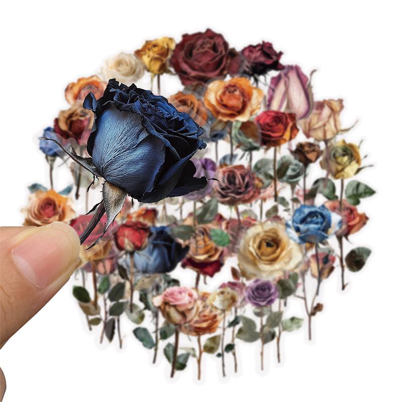 50PCS Vintage Dried Rose Stickers Aesthetic PET Transparent Flower Botanical Sticker Waterproof Decorative Decals for Scrapbook