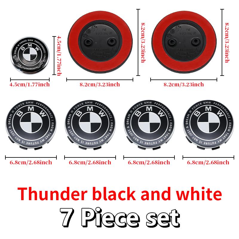 Competition Black White Emblem Set for BMW Hood Trunk Wheel Steering Badge 7Pcs 74m 82mm 68mm 56mm Universal 2-Pin 3-Pin Clips