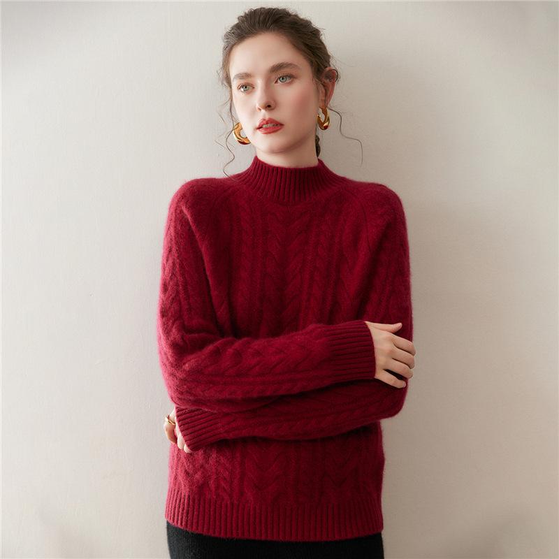 Women's Retro Cable Knit High-Neck Cashmere Sweater: Thickened, Slimming Pullover with Twisted Pattern, Perfect for Autumn and Winter.