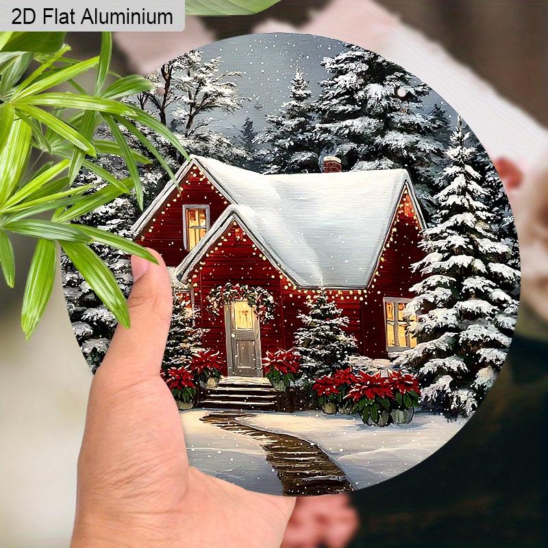 2D Flaches Aluminium-Weihnachtsschild mit Schneehäuschen-Muster - Warme Winter-Figuren-Ornamente - Ideal für Haustür, Wand, Veranda, Fensterdekoration - Ideal