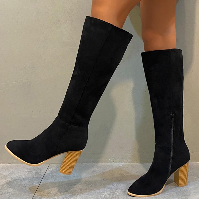 Fashion Retro Zipper Plus Size High Heel Boots Women Autumn Winter Faux Suede Mid-Calf Boots Woman Solid Color Modern Booties Female