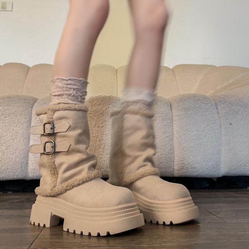 Vintage Warm Cotton Women Pipe Ankle Boots Fashion Platform Thick Sole Short Boots Autumn Winter Women's Belt Buckle Shoes