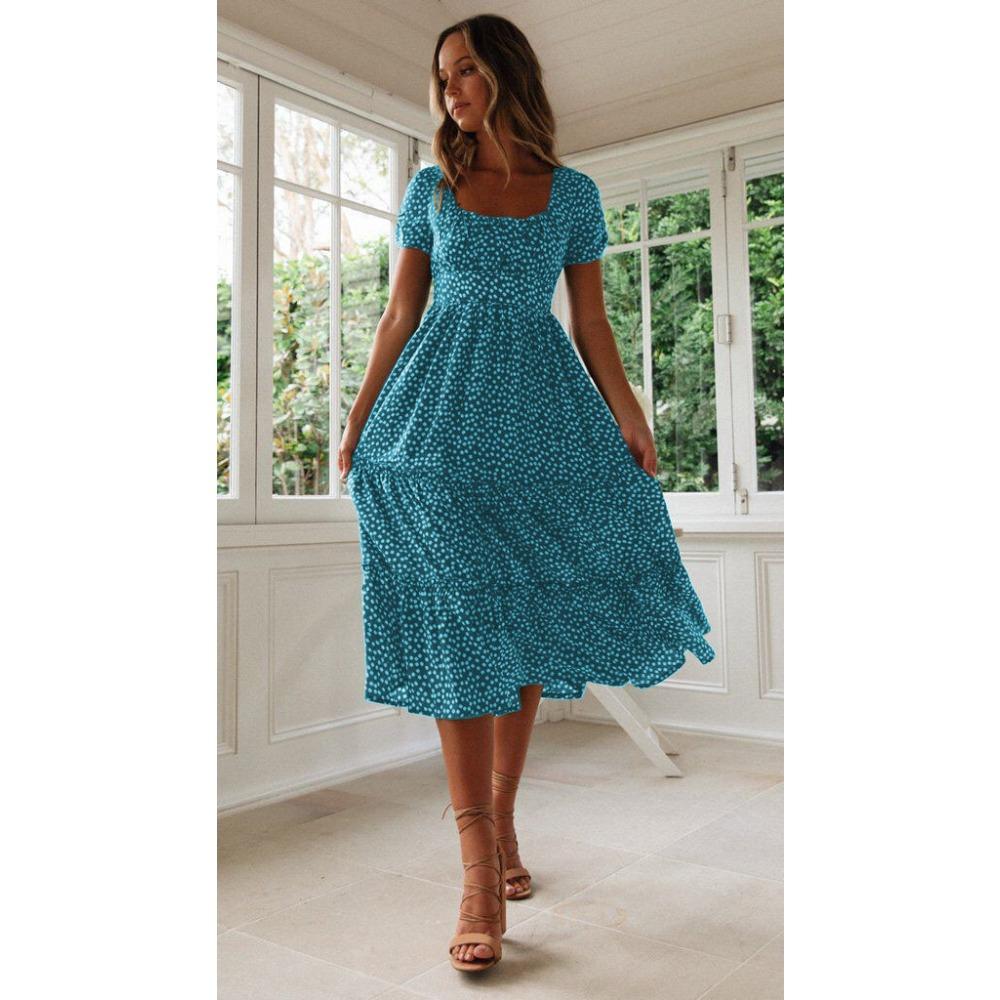 Women's Fashion Summer Spring Floral Print Short Sleeve Square Collar High Waist Casual Dresses