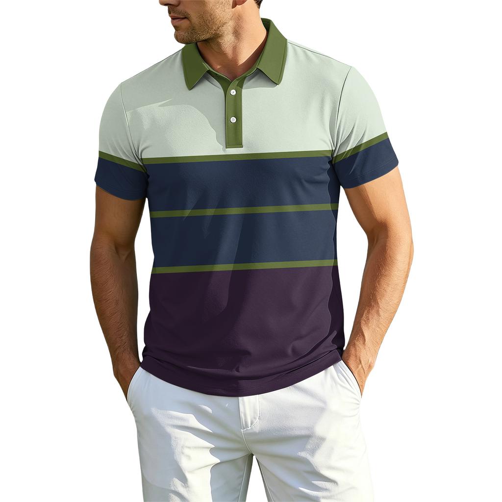 Men's Short Sleeve Polo Shirt Classic Fit Striped Print with Collar and Button Placket Casual Top