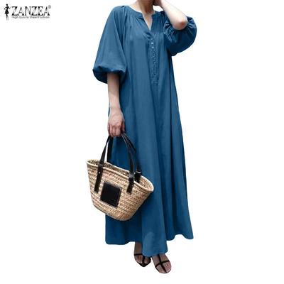 Women Casual V-Neck Loose Half Sleeve Long Dress