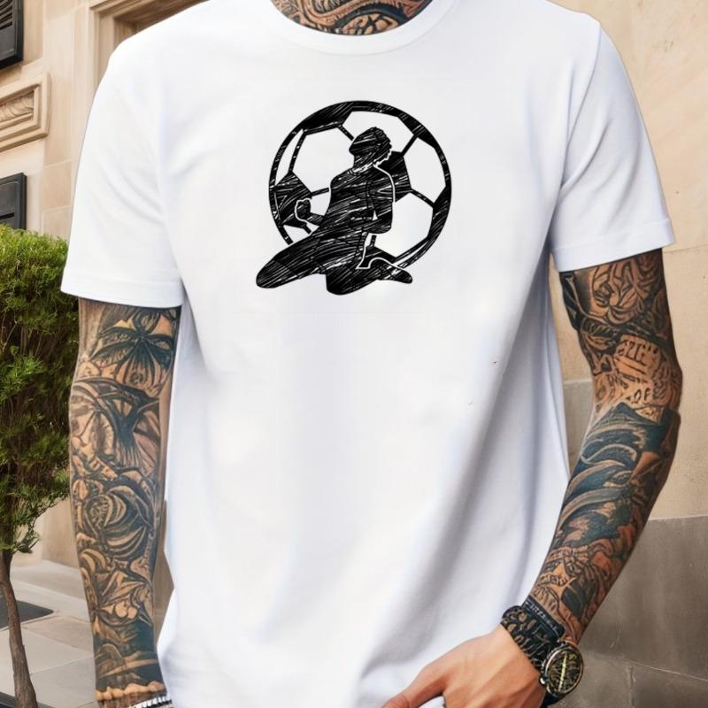 European Size Men'S Summer Loose-Fitting Sports Casual Short-Sleeve T-Shirt with a Silhouette Print of a Football Player