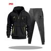 Mens Hoodie Sweatshirt Set Solid Color Multi-Zipper Pockets Casual Wear
