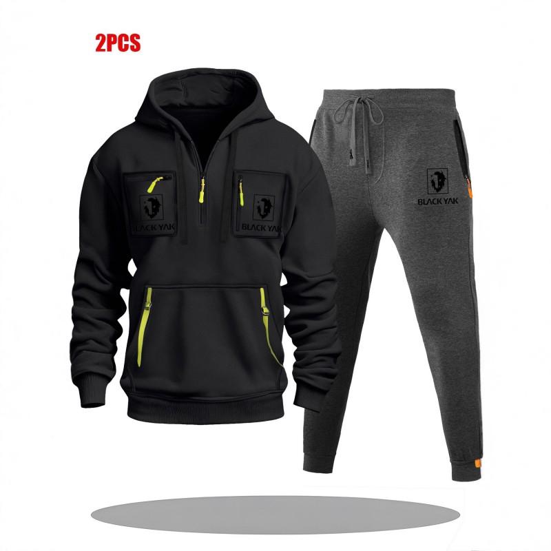 Mens Hoodie Sweatshirt Set Solid Color Multi-Zipper Pockets Casual Wear