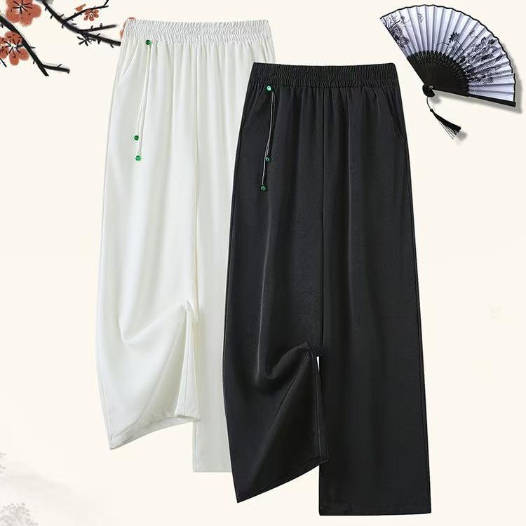 

2518 New Chinese Style Ice Silk Wide-Leg Pants for Women - Loose, Slimming, Plus Size 5XL, Draped Casual Mom Wear 2XL білий