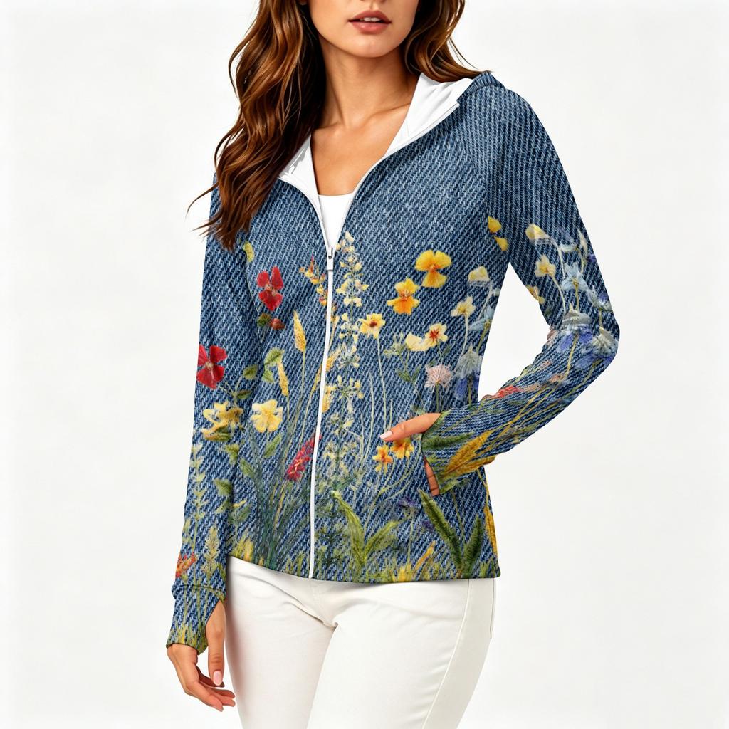 Damen Kapuzenjacke mit Reißverschluss, langen Ärmeln und Taschen, mit Blumenmuster, leichte SonnenSchutz-Außenjacke für Outdoor-Aktivitäten