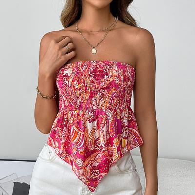 Summer Fashion Sexy Hot Girl Sleeveless Camisole Pleated Waist-hugging Floral Off-shoulder Women’s Blouses & Shirts