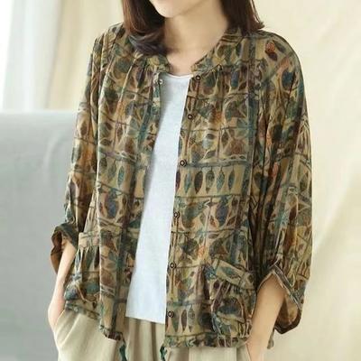 Cotton Linen Women Shirt Vintage Oversized Floral Print Blouses Harajuku Leisure Loose Ladies Casual Button Up Shirts Tops