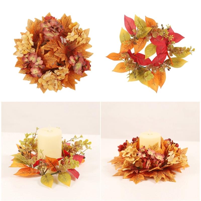 Autumn Candle Holder Wreaths Maple Leaf Garlands Small Flower Rings Decorative Thanksgiving Decorations for Dining Room
