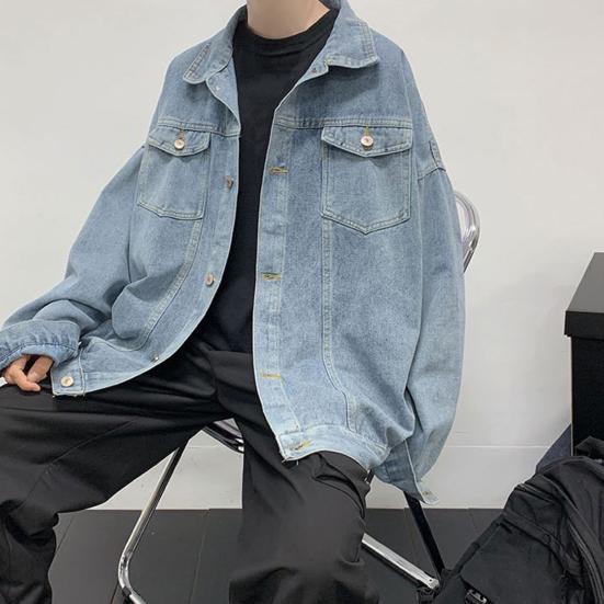 Men Denim Coat Lapel Long Sleeve Flap Pockets Single Breasted Jacket with Flap Pockets Solid Color Loose Fit Denim Outerwear