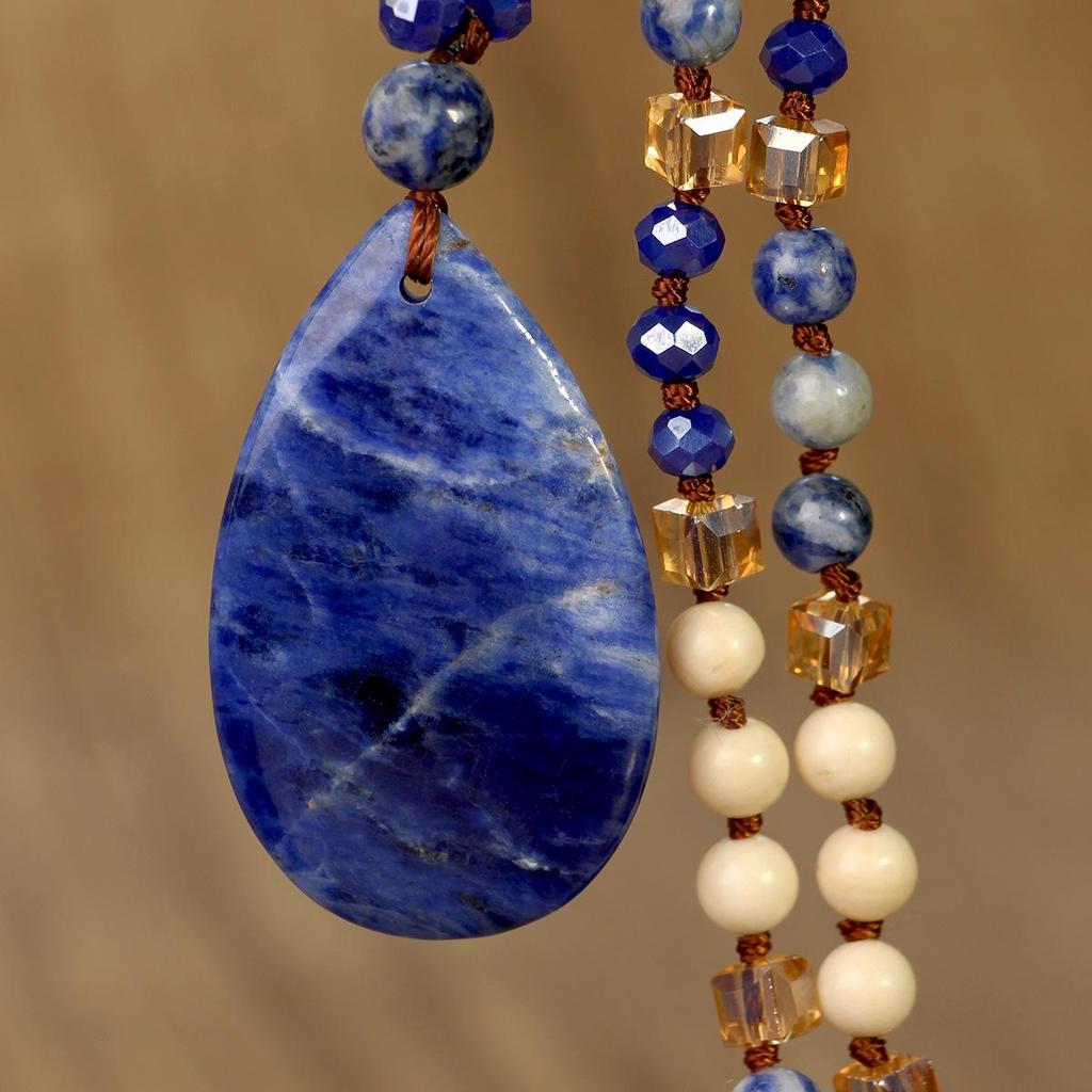 European Ethnic Blue Veined Stone Water Drop Pendant Necklace for Women - Hand-Knotted Natural Stone Sweater Chain Jewelry