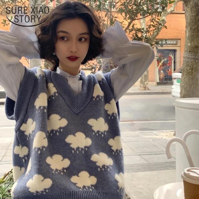 Autumn Knitted Pullover Sweater Vest Women Sleeveless Cloud Print V-neck Sweaters Loose Knit Vest Top Winter Clothes Women