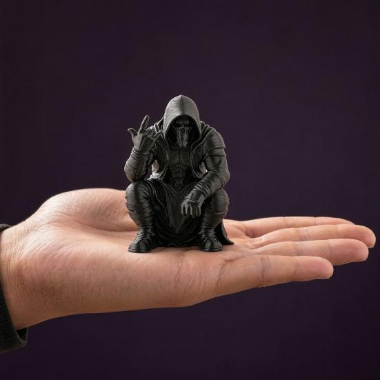 3D Printed Mini Hooded Skull Figurine, Dark Style Desktop Ornament, Cool Rock Gesture Skeleton Decor for Study Room E-Sports Room