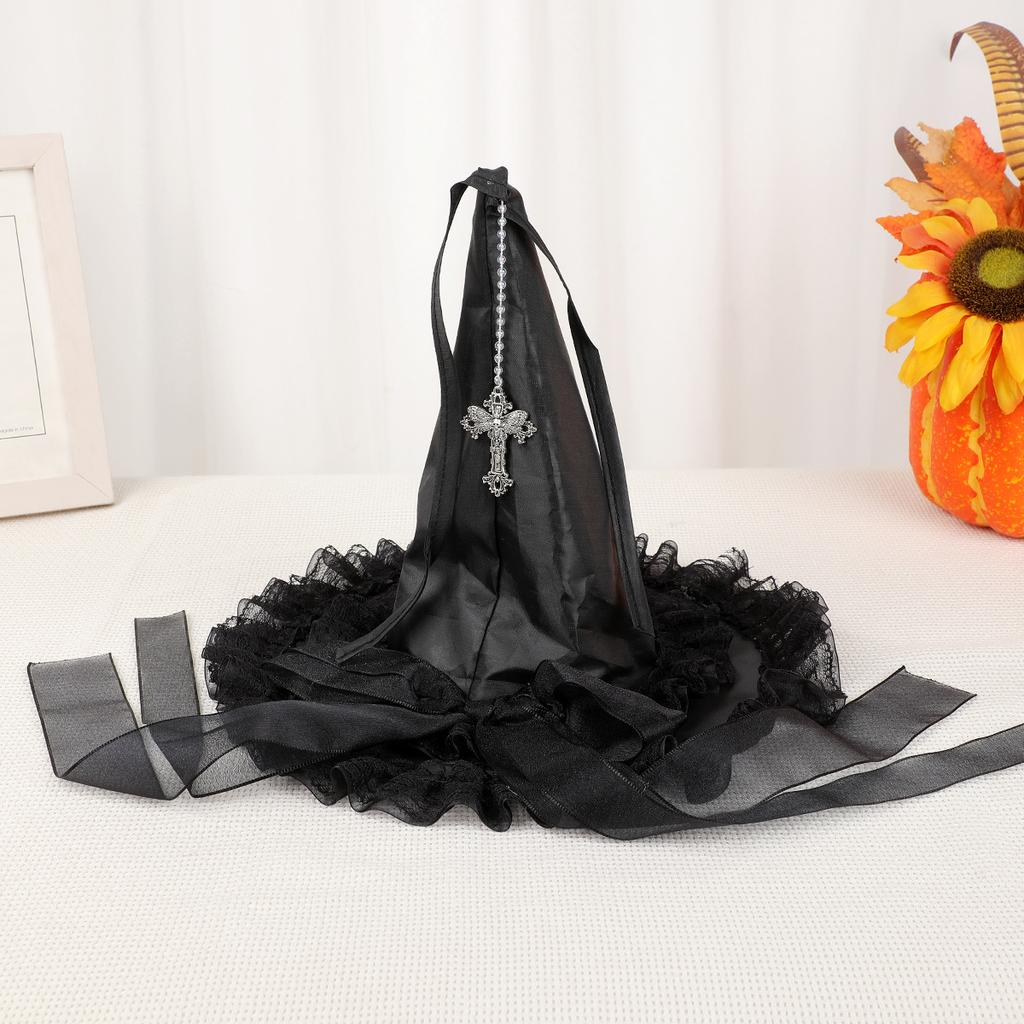 Dark Gothic Spider Lace Witch Hat Halloween Cosplay Party Costume Crone Headwear for Women Men Unisex Adult