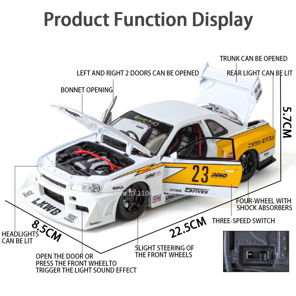 1:24 Skyline GTR-S15 F1 Safety Sports Car Model Toy Alloy Diecast Sound Light Racing Car Shock Absorption Vehicle Kids Gifts