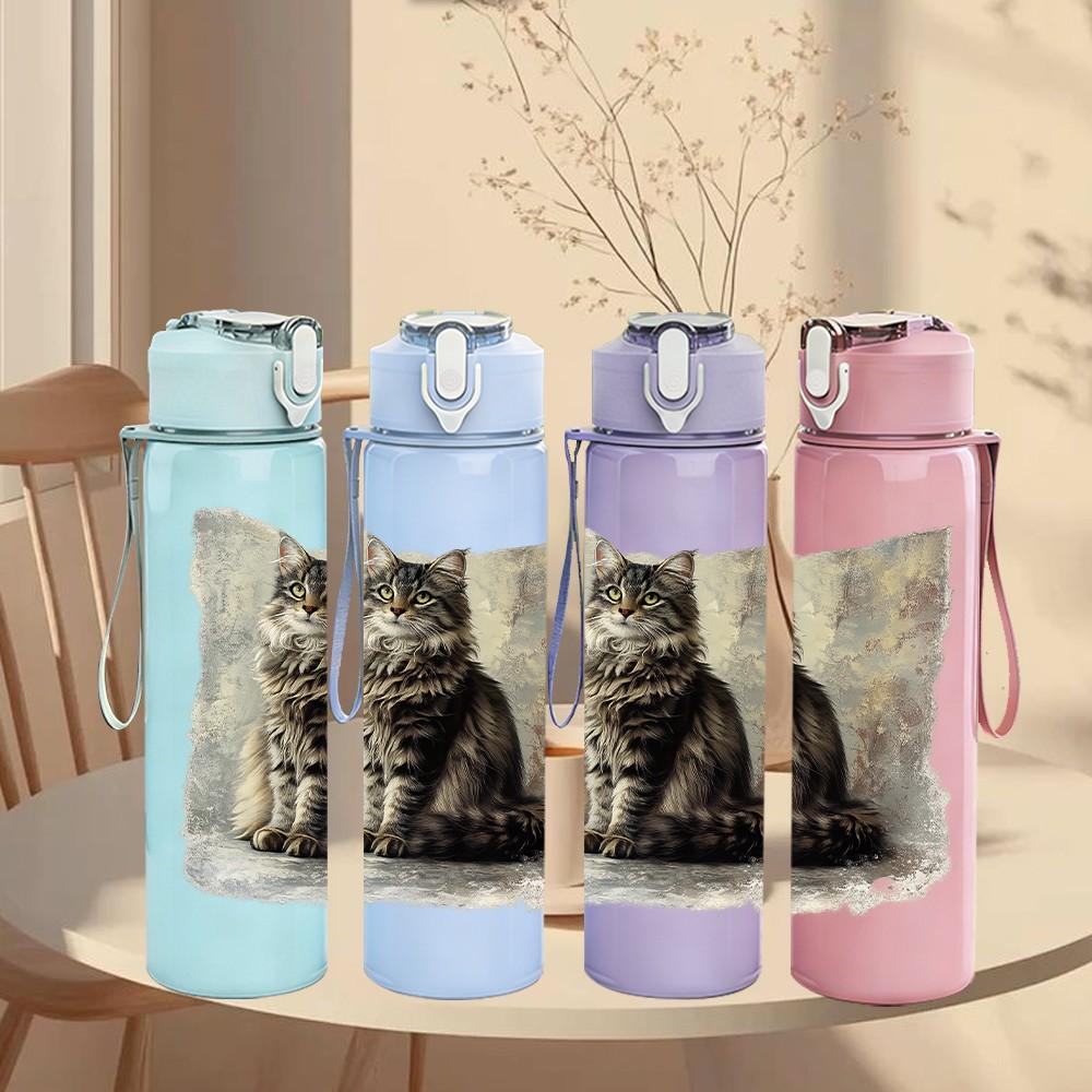 1PC Vintage Cat Old Photo Pillow Print 750ml Color Plastic Sports Water Bottle Leakproof Flip Straw Lid Suitable for Sports Office Home Use