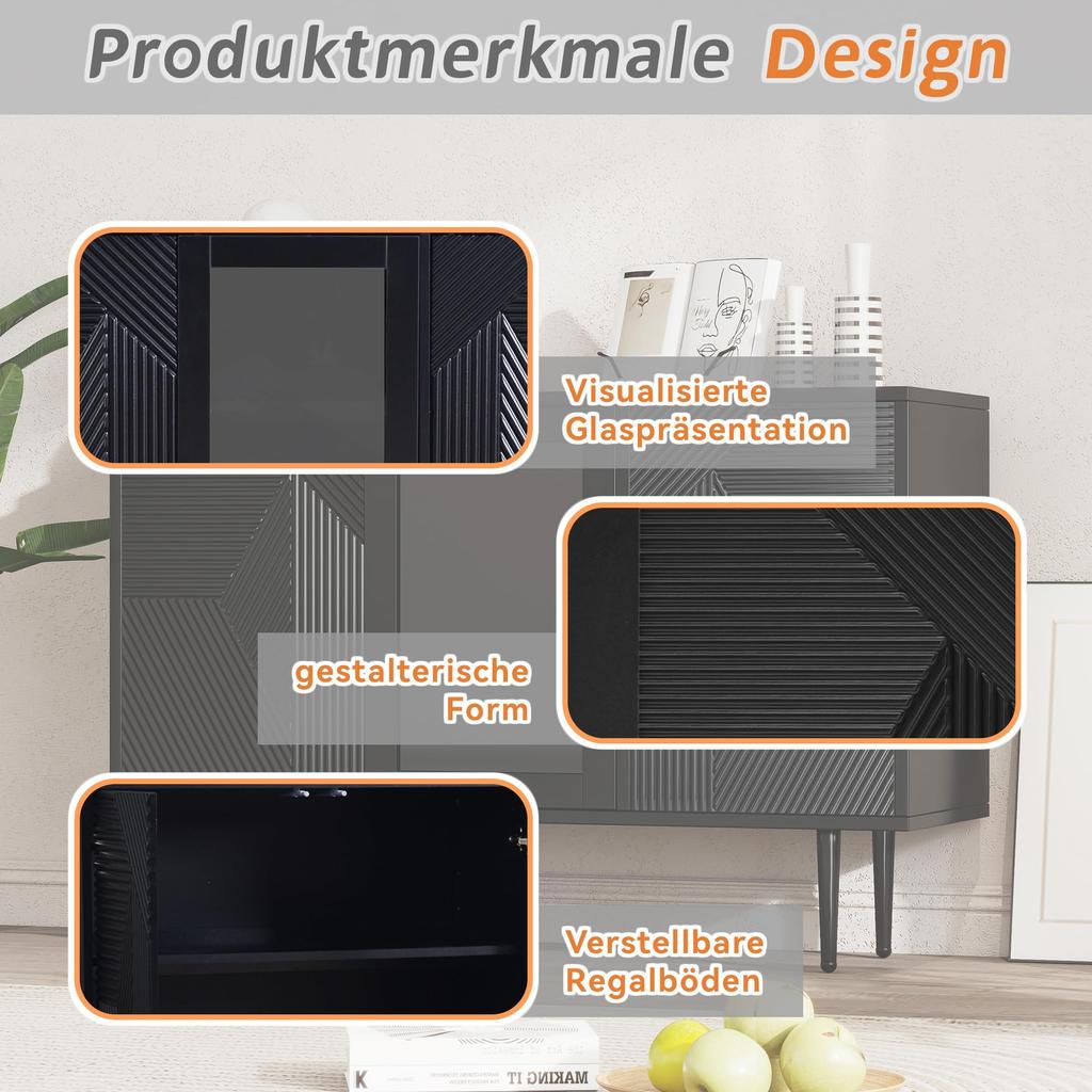 Sideboard mit 3 Türen, Kommode mit Glastür und Metalfüßen Buffetschrank für Esszimmer Wohnzimmer oder Flur, 120x38 x79.5 cm, Schwarz