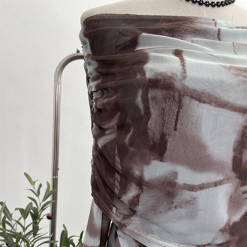 Dámská sexy průsvitná halenka s jedním ramenem, s potiskem tie-dye a dlouhým rukávem