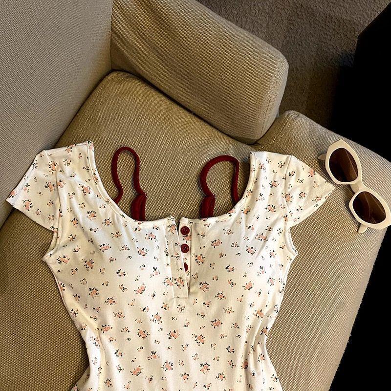 Women's Spicy Girl Two-Piece Floral Camisole T-Shirt with Bra Pads - Slimming Summer Short-Sleeve Top