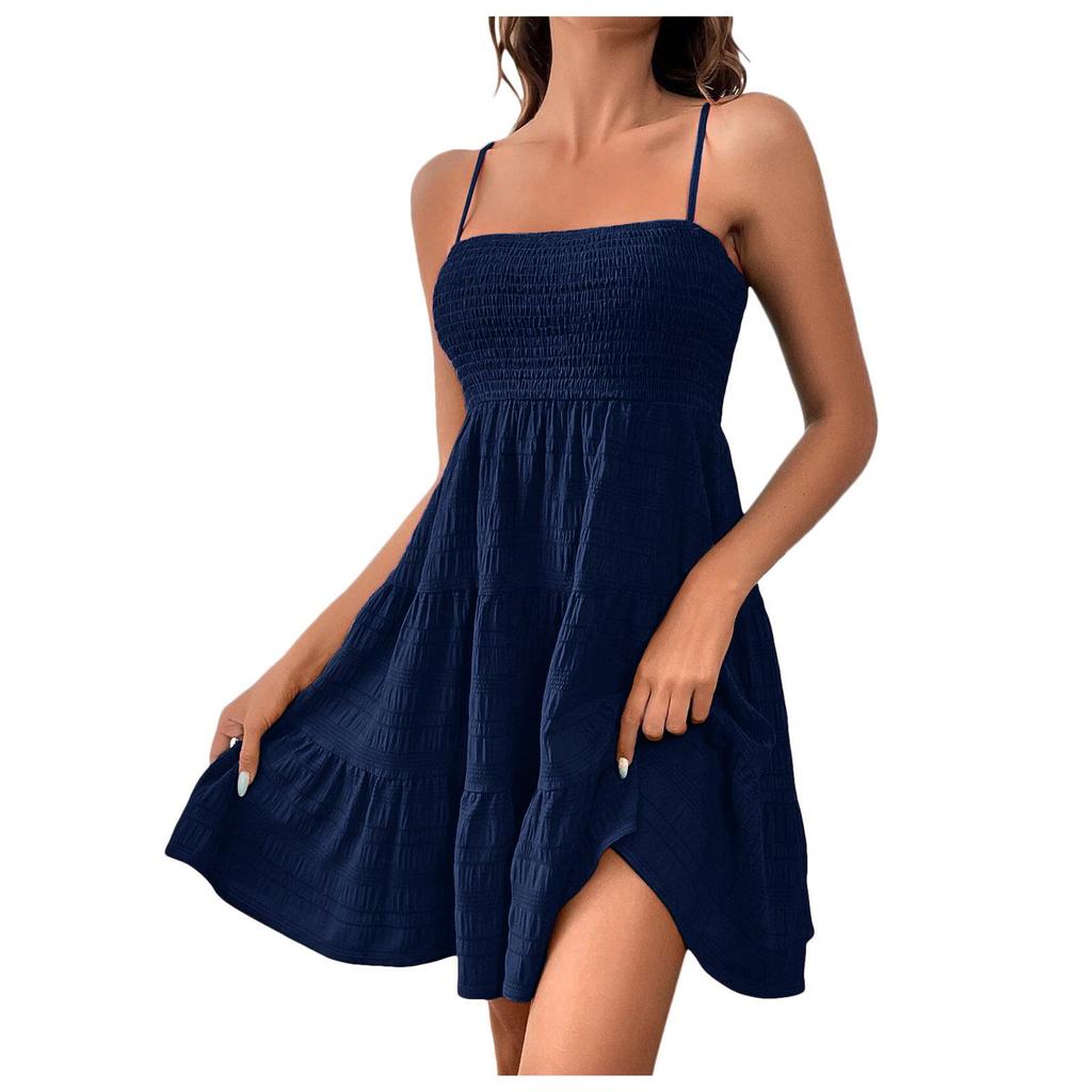 2026 European & American Summer Women's One-Shoulder Thin Strap Solid Color Versatile Dress