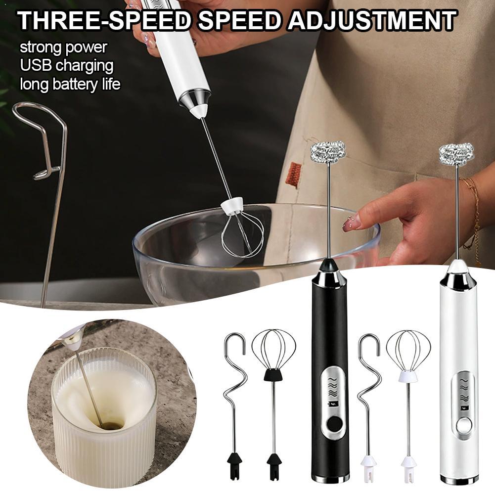 Black Handheld Milk Frother USB Rechargeable Electric Whisk With 3 Heads 3 Speeds Coffee Frother For Latte Cappuccino Egg Beater