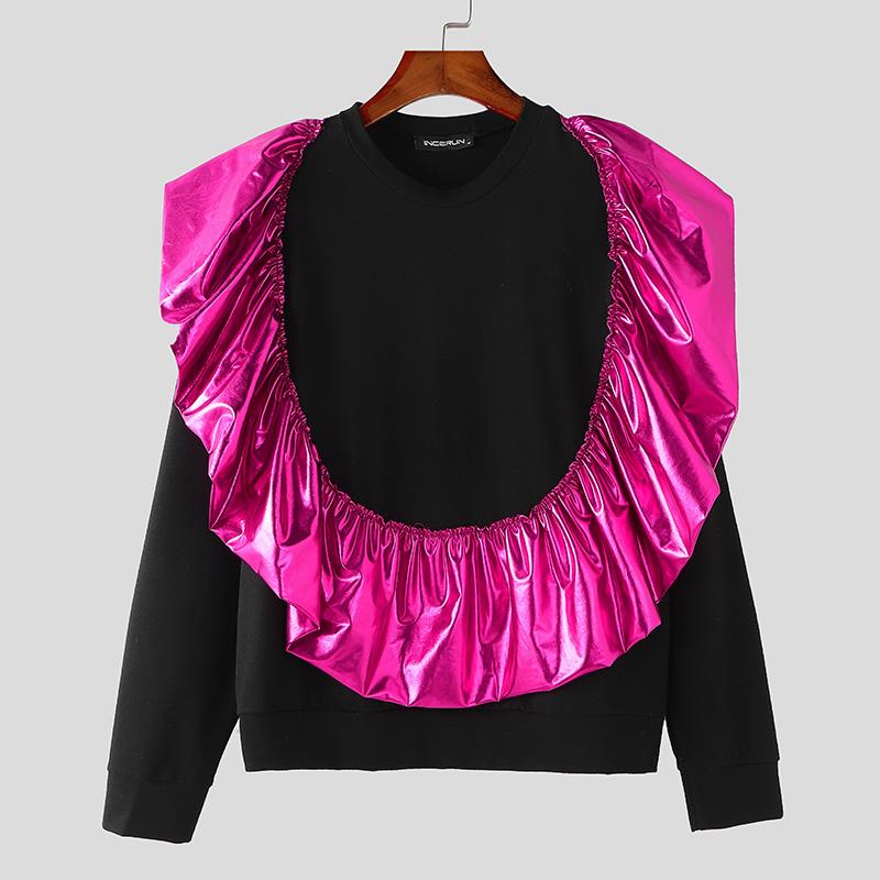 

INCERUN Men Round Neck Long Sleeve Shiny Finish Ruffled Patchwork Loose T-shirts S