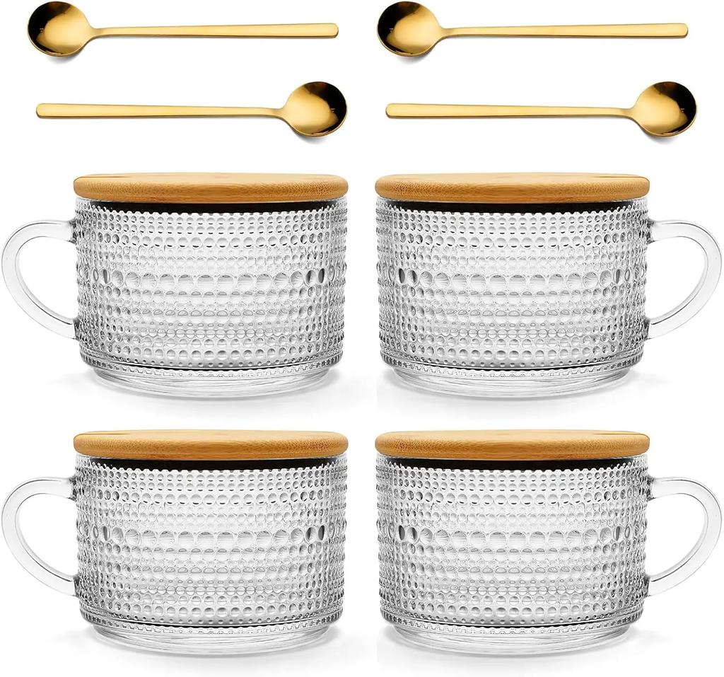 Todays Present 4pcs Vintage Glass Coffee Mugs Gifts for Women, Overnight Oats Containers With Bamboo and Spoons, 15oz Clear Em