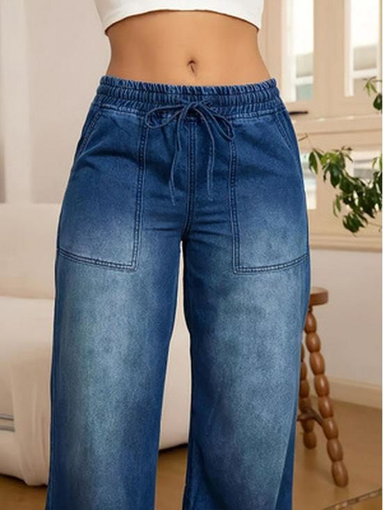 Women's Retro High Waist Wide Leg Drawstring Jeans - Washed Loose Fit Straight Leg Pants