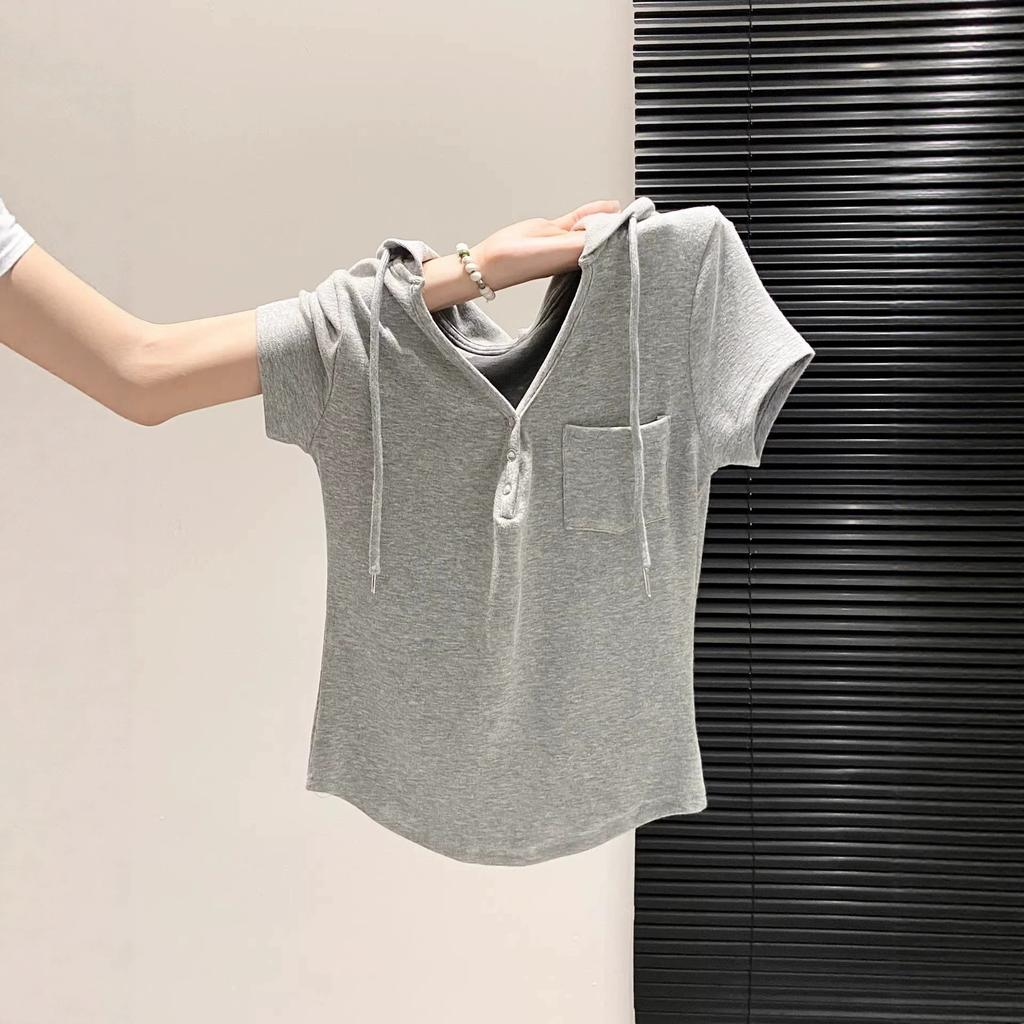 Reines Verlangen Kapuzen-V-Ausschnitt Kurzarm-T-Shirt Damen Sommer Neu Schlank und Dünn Schulterdesign Nischen-Oberteil