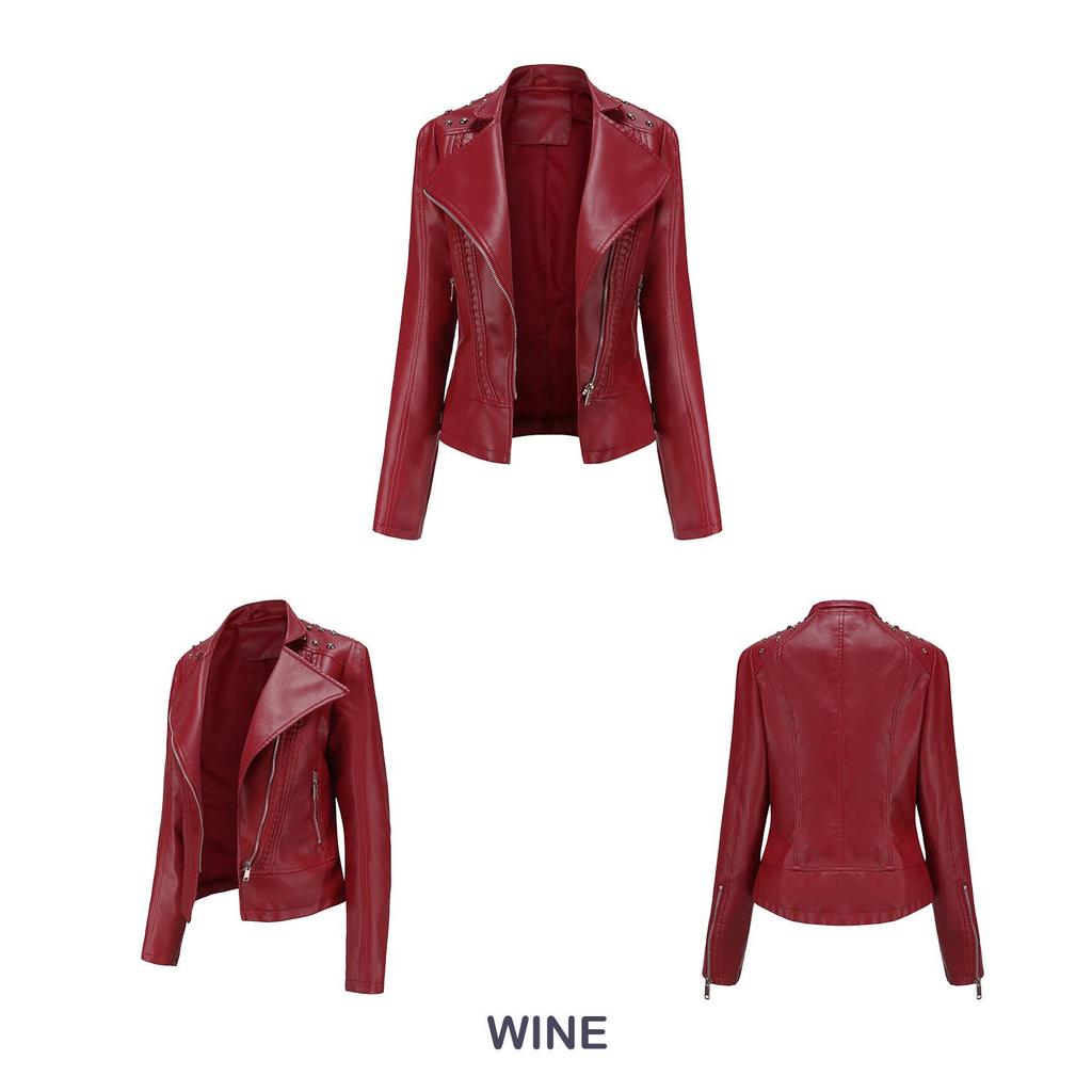 European Women's Beaded Leather Motorcycle Jacket - Long Sleeve, Lapel, Thin Fashion for Spring and Autumn 2023