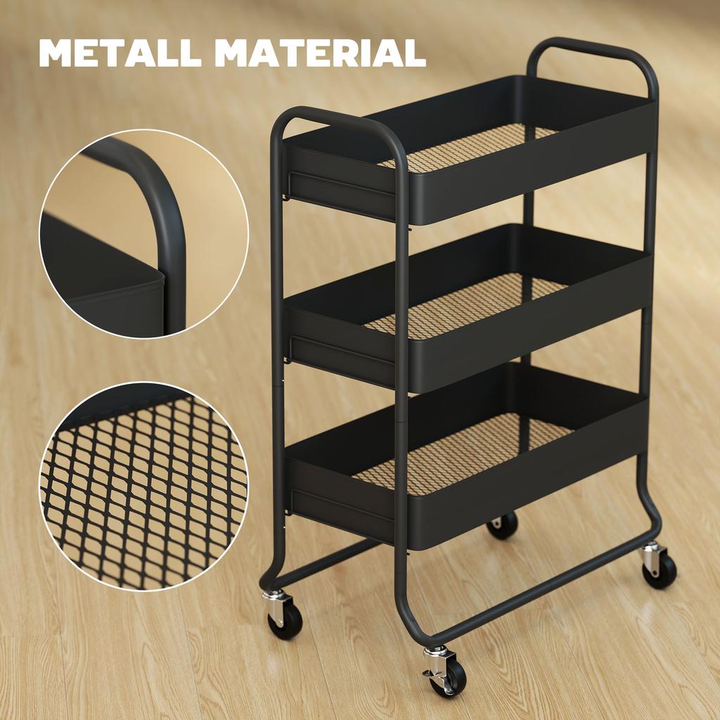 3-Tier Storage Trolley on Wheels, Rolling Utility Cart with Mesh Backets for Kitchen, Bathroom, Bedroom, Black