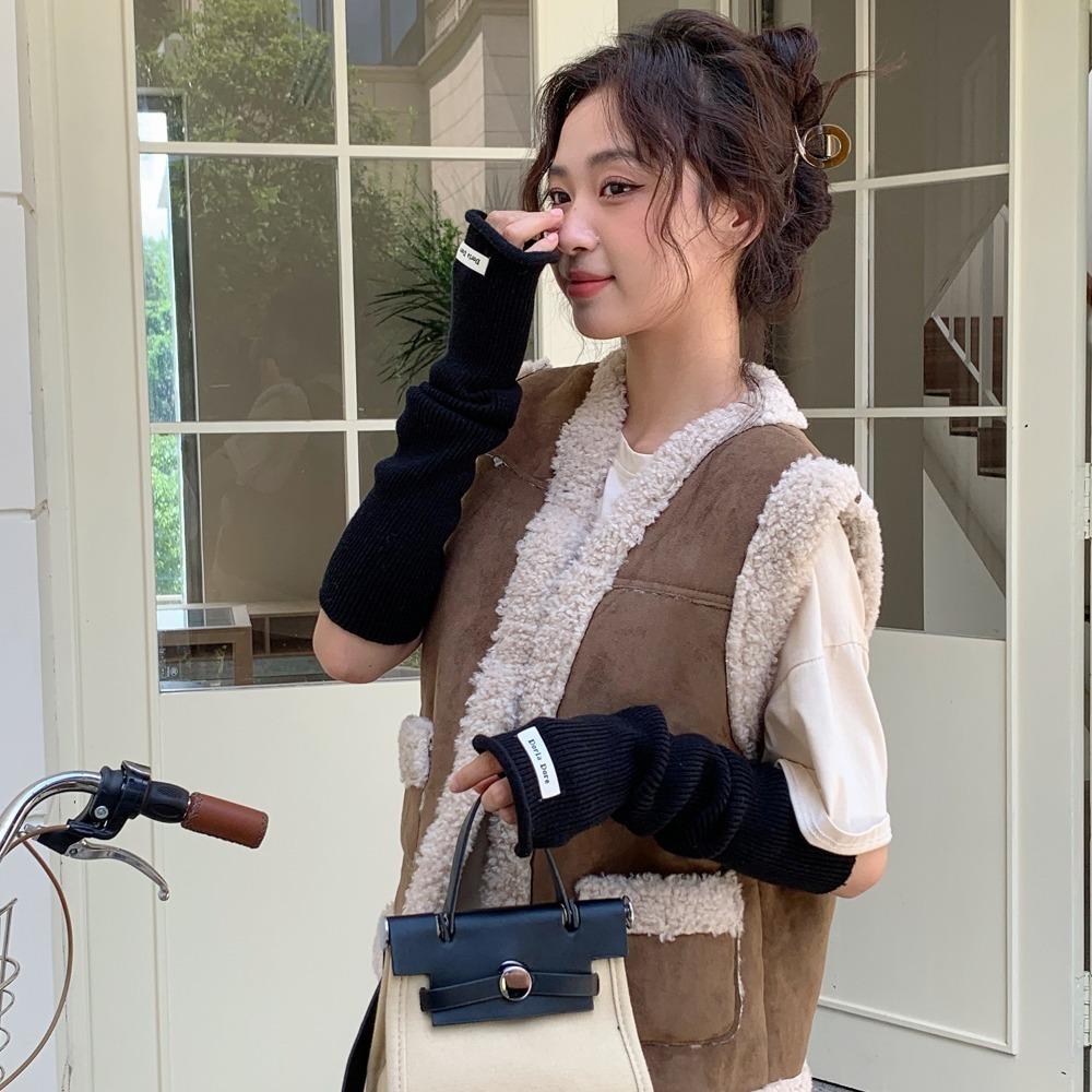 Korean Style Knitted Warm Sleeves Solid Color Warm Arm Covers Hand Covers Woolen Arm Gloves Girls