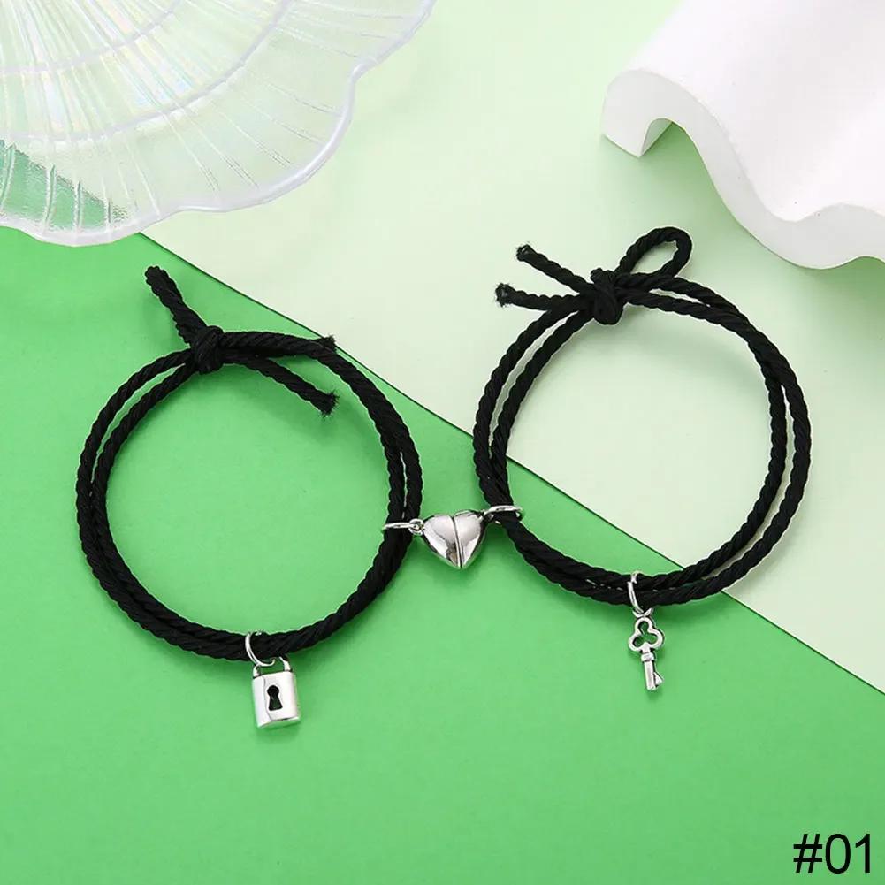 Magnet Couple Bracelets For Lovers Lock Heart Magnetic Bracelet For Women Men Braided Rope Wrist chain Minimalist Jewelry Gift
