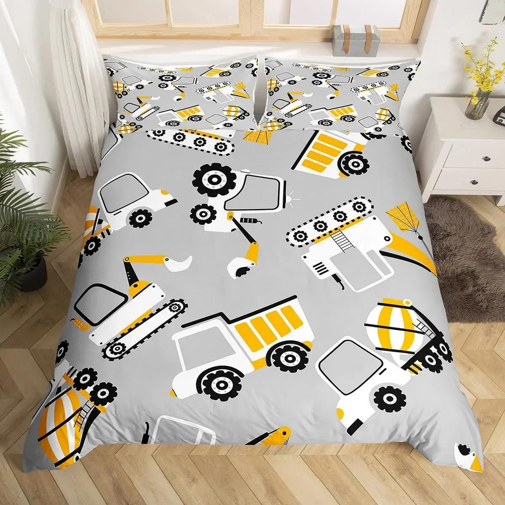 Truck Excavator Soft Duvet Cover Set Quen Sized Dimensions for Children Kids Nursery Carton Tractor Enginering Vehicle Construction Theme Beding Set