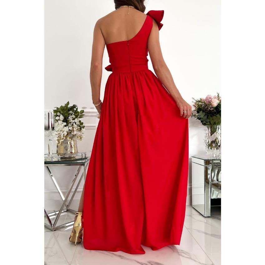 IHUASU Summer Spring Sleeveless One Shoulder Flanged Lower Slit Women's Dress Women