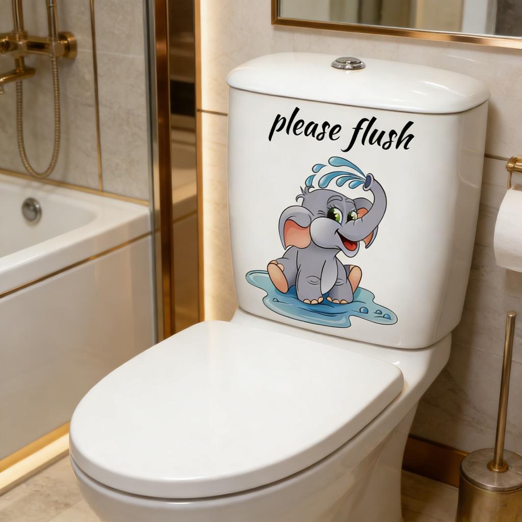 Contemporary Cartoon Elephant Wall Sticker, PVC "Please Flush" Toilet Decor, Self-Adhesive Bathroom Decal, Animal Theme Wall Art