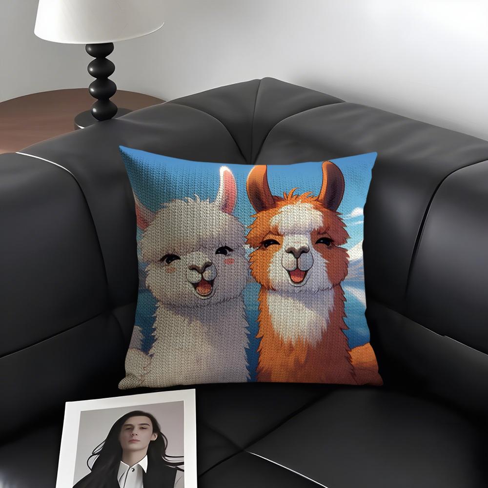 Alpaca Cute Cushion Cover Natural Linen Organic Fabric DoubleSided Printing Sofa Home Decor Gift Pillow Case