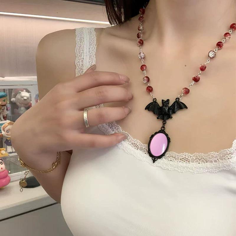 

New Fashionable Dark Gothic Red Bat Crystal Necklace Halloween Men s And Women s Beaded Trendy Jewelry Accessory Other